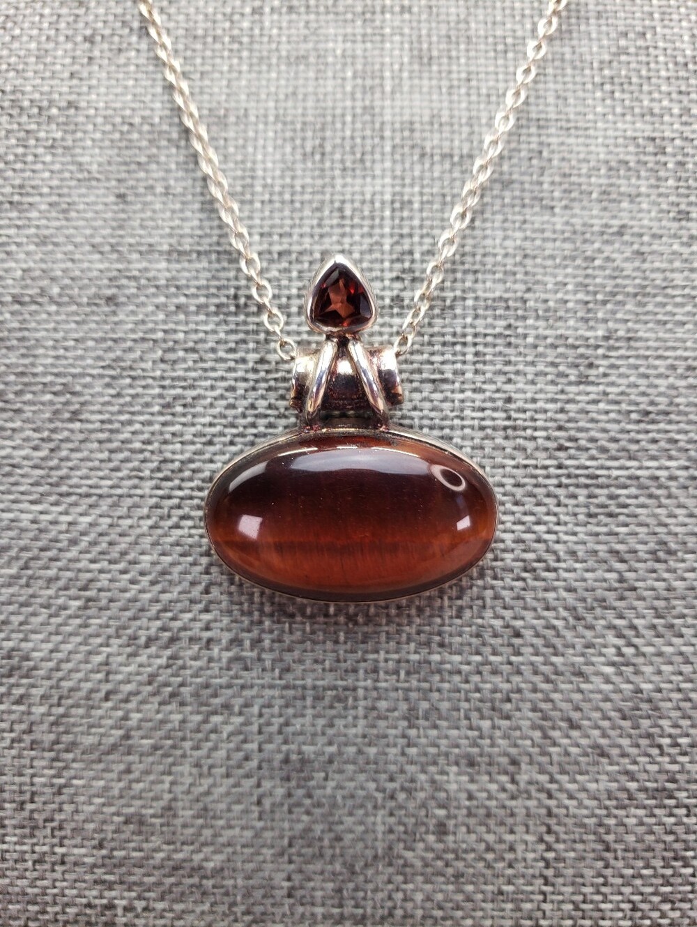 Sterling Silver Tigers Eye and Garnet Pendant Necklace